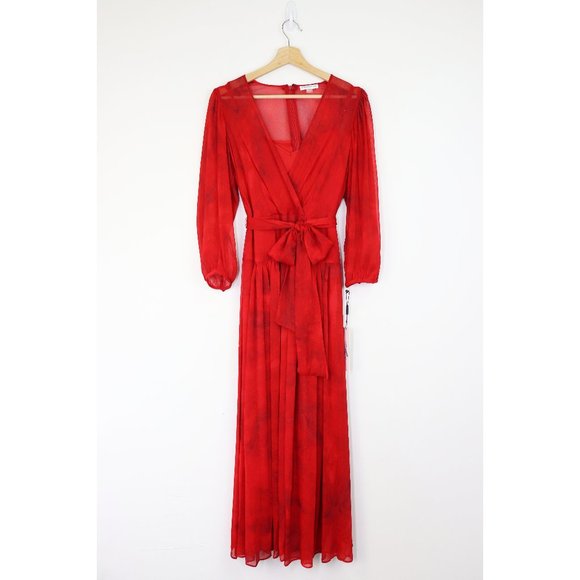 NWT Calvin Klein Chiffon Tie Waist Maxi Dress Surplice V-Neck Long Sleeve Red 6 - Picture 2 of 8